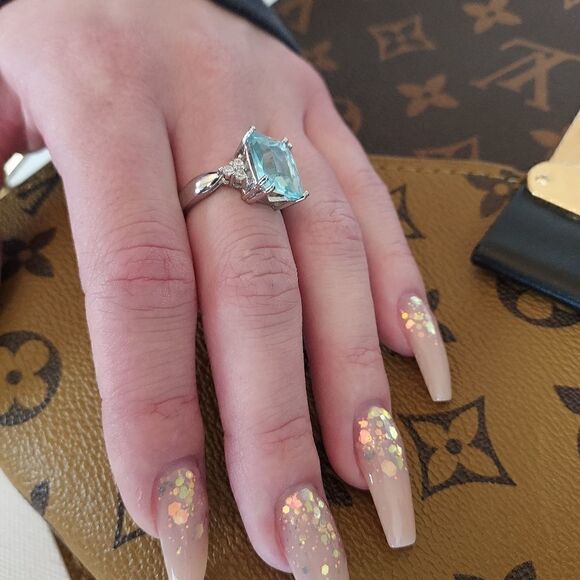 Aquamarine Diamond Sterling Silver Ring - Picture 5 of 6